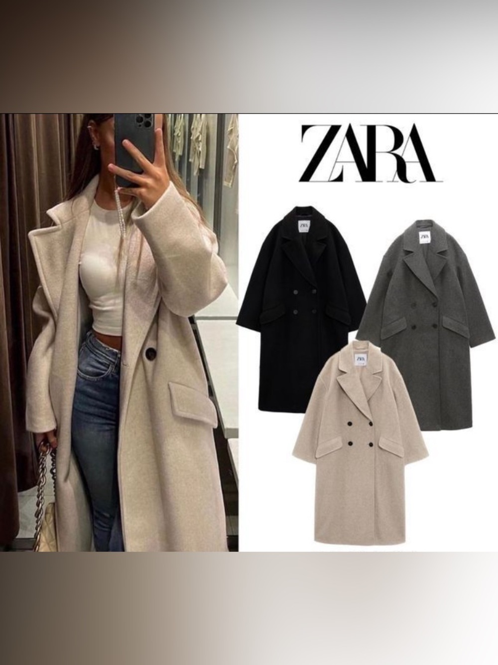 Zara Oversized Double-Breasted Pea Coat in Beige